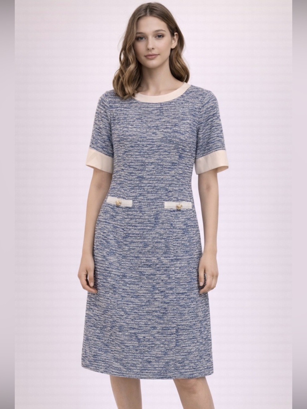 Nissa metallic tweed Blue and White Short Sleeve Dress